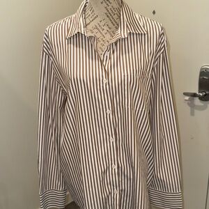 Brown & White Striped Oversized Collared Button-Up Blouse | Woman's XL | NWNT